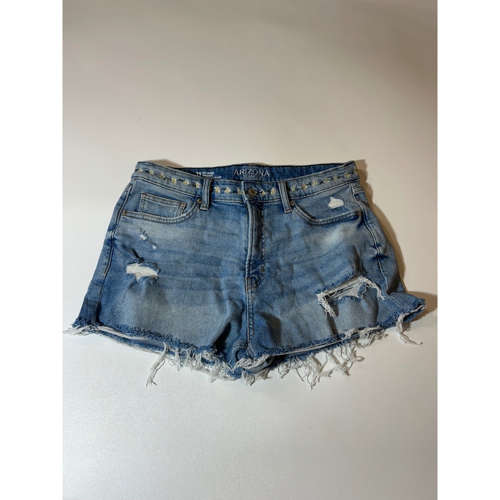 Arizona Jean Co Shorts Women's 11 Blue Daisy Embroidered Distressed Hi-Rise